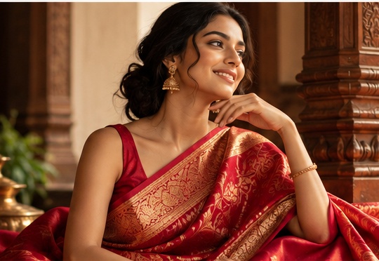Bridal fashion model wearing a traditional red and gold saree