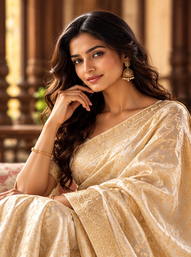 Woman model wearing an ivory saree with gold detailing