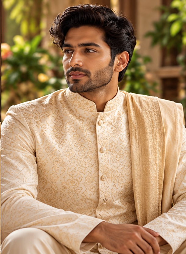 Man model wearing elegant cream traditional menswear